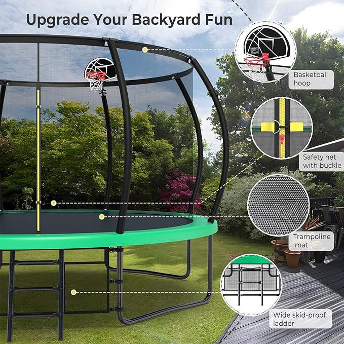 10 12 14 15 16FT Outdoor Trampolines for Kids and Adults, Pumpkin Trampoline with Curved Poles, Recreational Trampoline with Basketball Hoop and Safety Enclosure Net for Kids and Adults