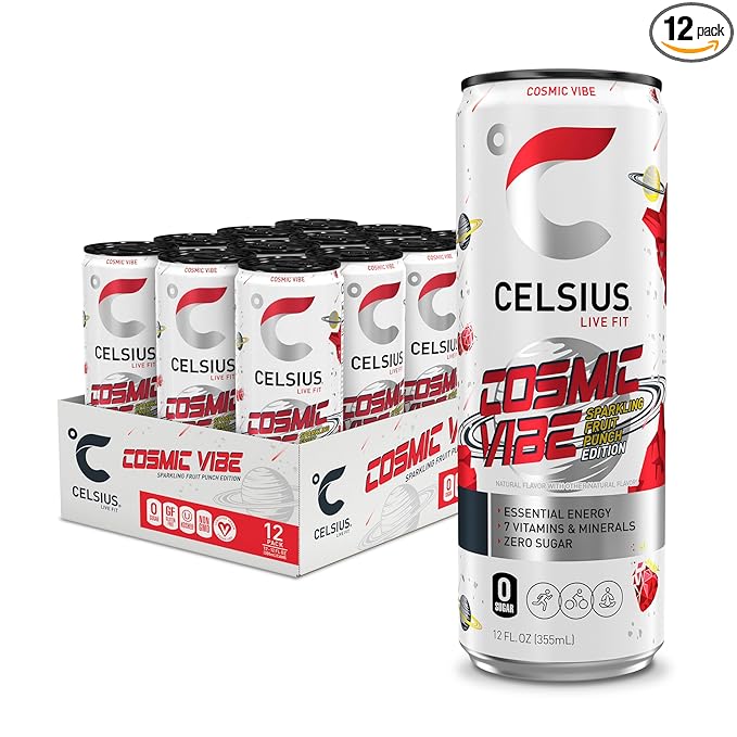 CELSIUS COSMIC VIBE Sparkling Fruit Punch, Sugar Free Energy Drink, 12 Fl Oz (Pack of 12)