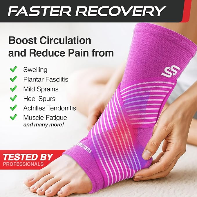 Sleeve Stars Ankle Brace for Women & Men, Ankle Wrap for Sprain, Compression Sleeve for Plantar Fasciitis Relief, Easy Customizable Support: w/ Removable Strap (Pair/M:10"-12"/Hot Pink)
