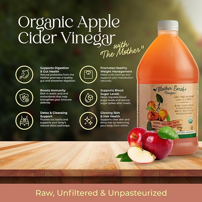 Mother Earth, Organic Apple Cider Vinegar with The Mother, Half Gallon, Fresh Pressed Organic Apples, OACV, ACV, Raw, Unpasteurized, Unfiltered (1/64oz Bottle)