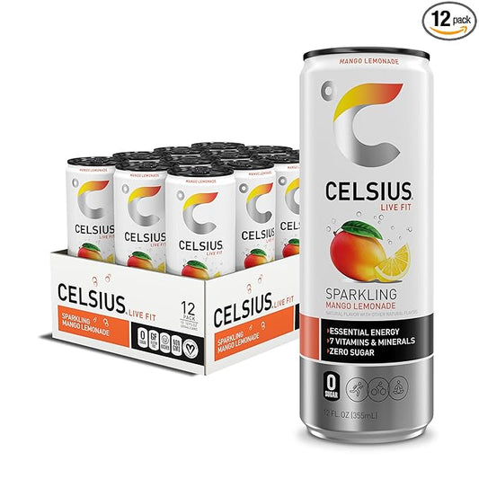 CELSIUS Sparkling Mango Lemonade, Sugar Free Energy Drink, 12 Fl Oz (Pack of 12)