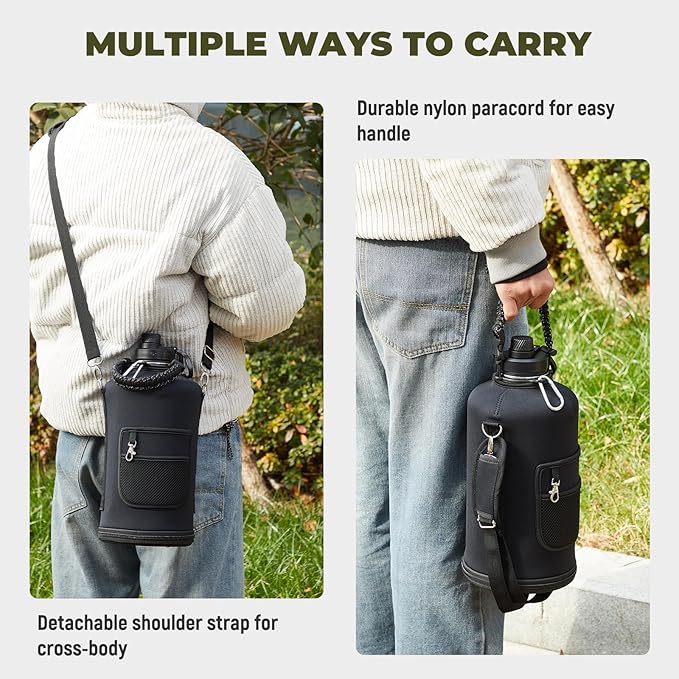 COKTIK 128 oz Insulated Water Bottle, Triple Wall Stainless Steel Flask, Keeps Drinks Cold for 48 Hrs Leak-Proof & BPA-Free Half Gallon Jug with Paracord Handle, Straw & Spout Lids(Black)