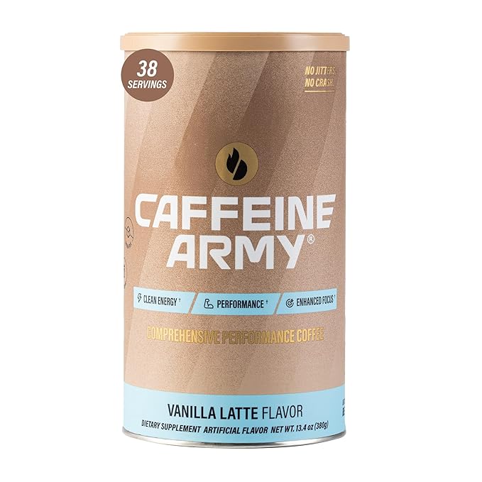 CAFFEINE ARMY Vanilla Latte | Comprehensive Functional Coffee with MCTs, CoQ10, Collagen and Adaptogens: Clean Energy + Supports Daily Attention, No Jitters or Crash (13.4 oz 38 Servings)