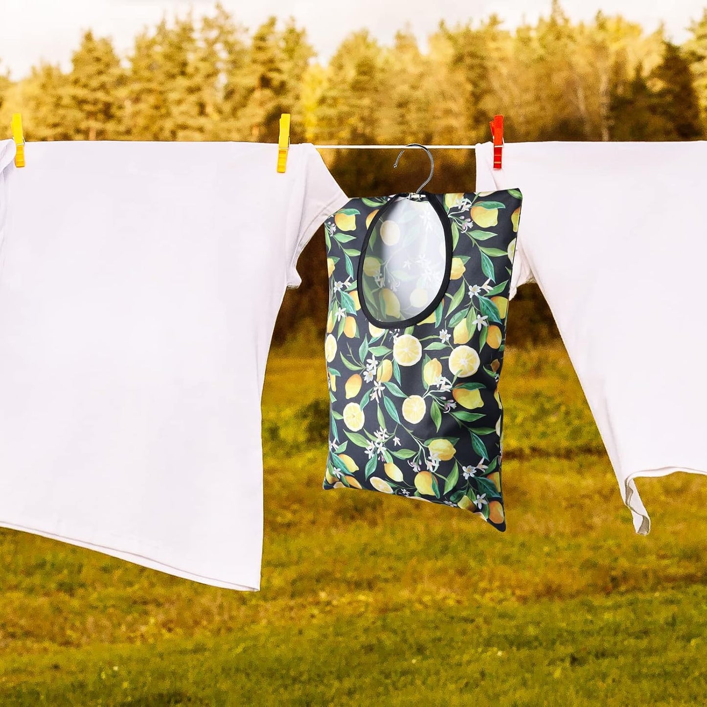 2 Pcs Lemon Clothespin Bag With Hanging Hook - 15 X 11 Inch Laundry Canvas Clothes Pin Holder, Waterproof Storage Organizer With Large Opening
