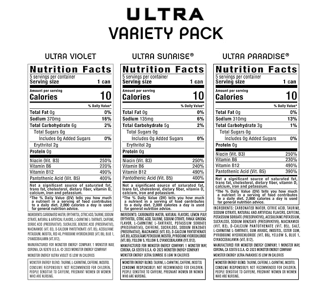 Monster Energy Ultra Variety Pack, Ultra Violet, Ultra Sunrise, Ultra Paradise, Sugar Free Energy Drink, 16 Ounce (Pack of 15)