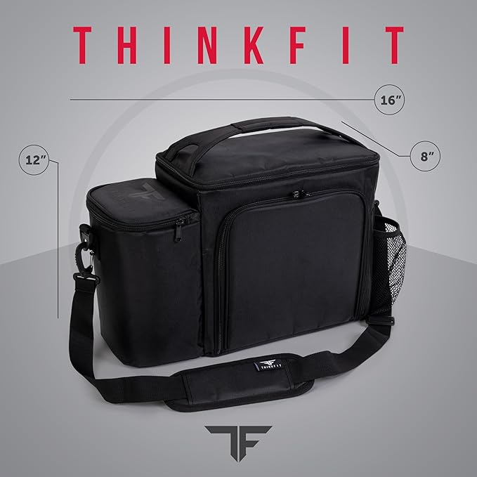 ThinkFit Large Black Meal Prep Lunch Bag, 8 Portion Control Containers, Pill Dispenser, Shaker Cup & 2 XL Reusable Ice Packs
