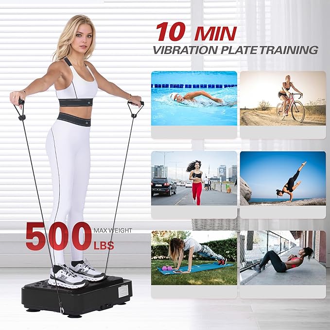 soges Vibration Plate Exercise Machine with Resistance Bands, Vibrating Plate for Lymphatic Drainage, Whole Body Vibrate Equipment, Weight Loss Home Fitness Workout, Black