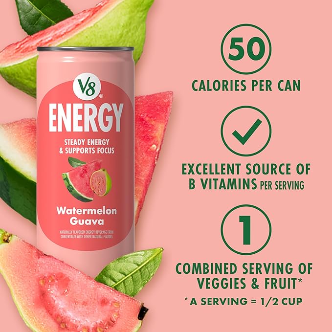 V8 Energy Watermelon Guava Energy Drink, 8 fl oz Can (6 Pack)