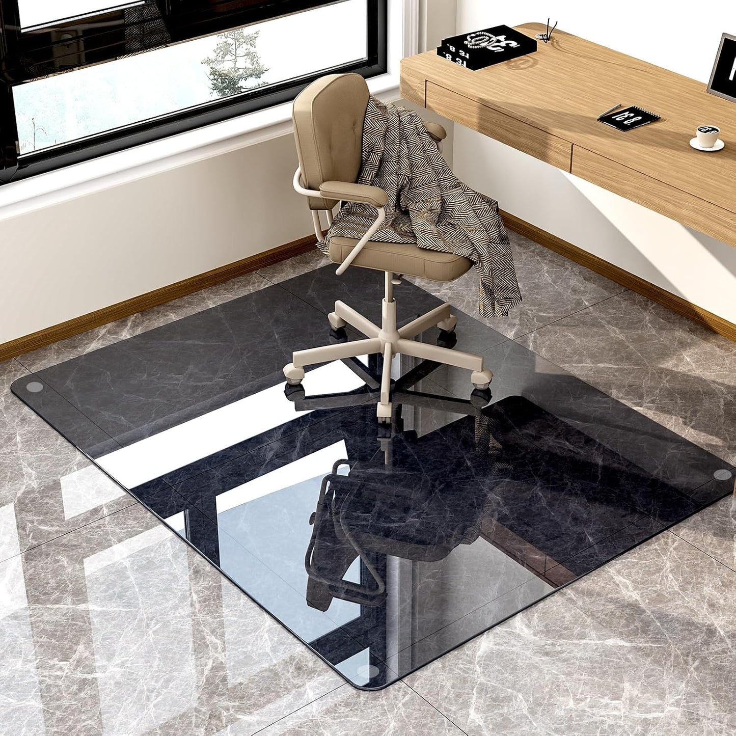 GLSLAND Office Chair Mat, 36" x 46" Grey Tempered Glass Floor Mat for Office Chair on Carpet, 1/6" Thick Computer Floor Mat with 4 Anti-Slip Pads
