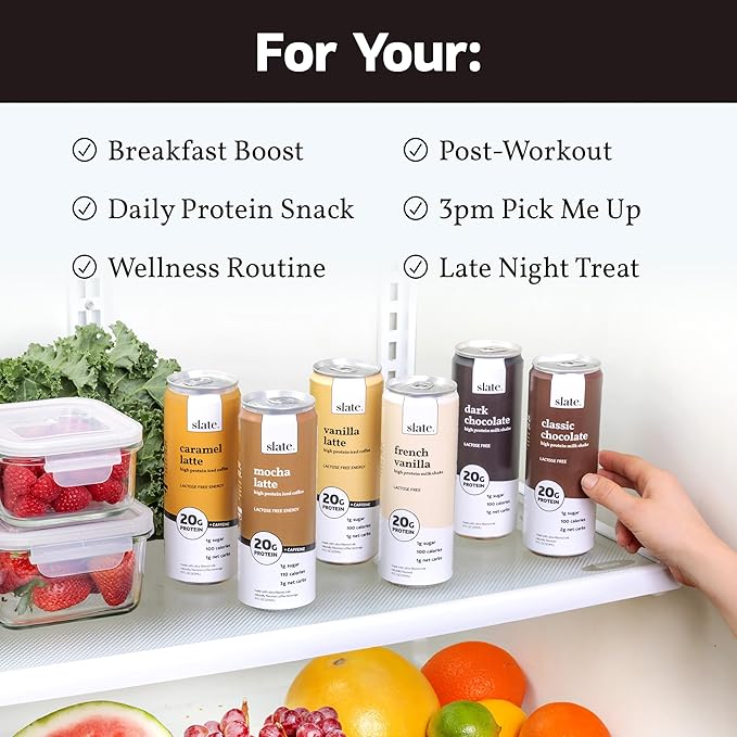 Slate Milk - High Protein Milk Shake - Core Variety Pack - Classic Chocolate, Dark Chocolate, French Vanilla - Lactose Free, 20g Protein, 1g Sugar, 100 Calories, 1-2g Net Carbs - 11 fl oz, 12 Cans