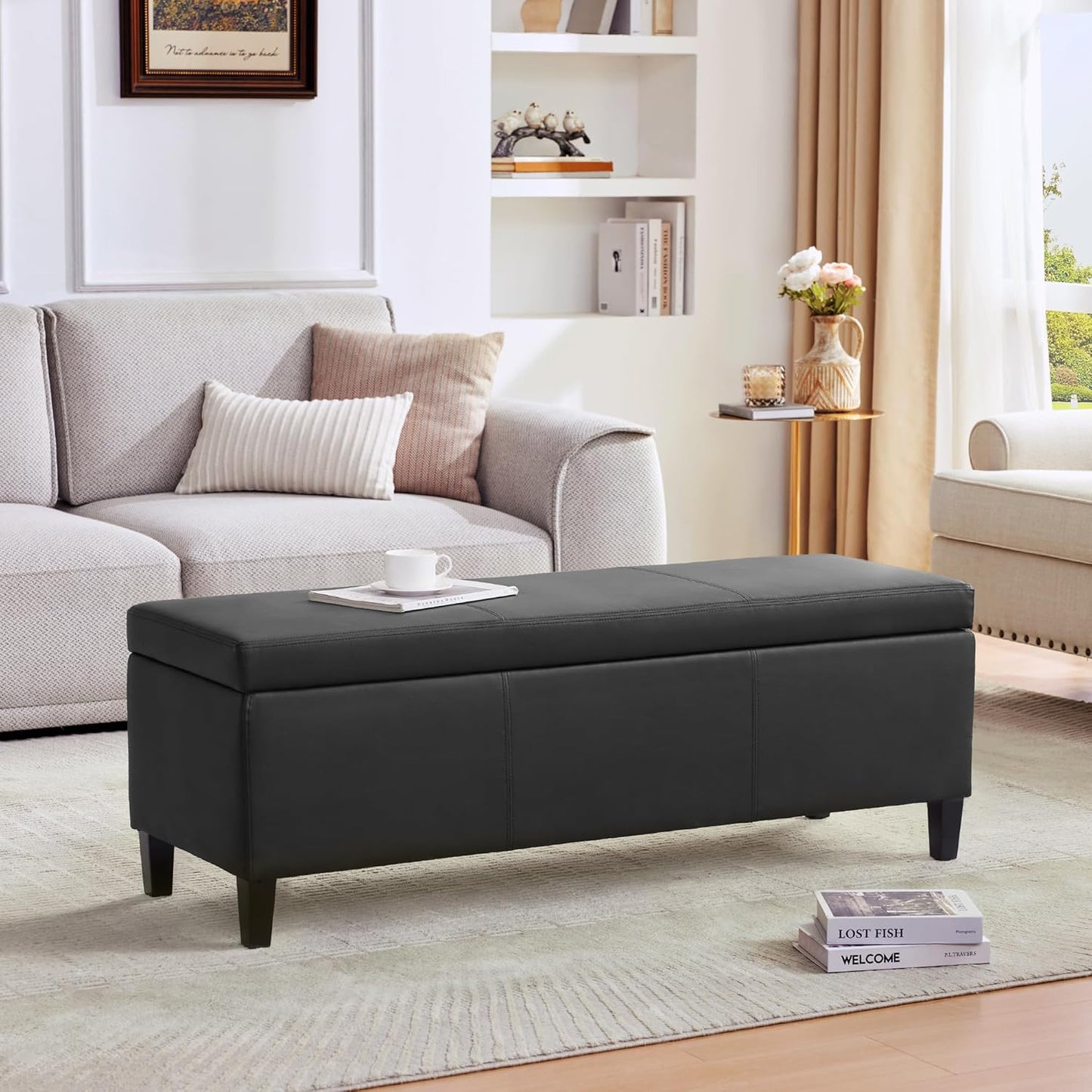 HUIMO Faux Leather Storage Ottoman Bench 50.3 Inch Extra Long PU Upholstered Bedroom Bench with Large Storage Space for The Living Room, Entryway, Bedroom Hold Up to 300lbs (Black)