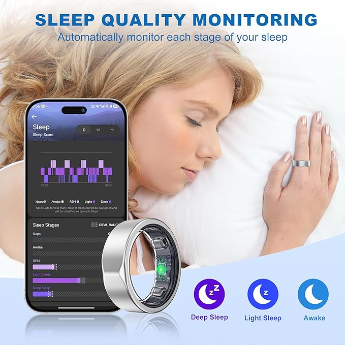 Smart Ring for Women Men - Titanium Health Fitness Tracker Ring with Heart Rate, Step Counting, Calories, Sleep & Stress Monitor for iPhone and Android, No Subscription Fee (Sliver, 7)