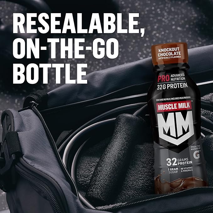Muscle Milk Pro Advanced Nutrition Protein Shake, Knockout Chocolate, 11.16 Fl Oz (Pack of 12), 32g Protein, 1g Sugar, 16 Vitamins & Minerals, 5g Fiber, Workout Recovery, Energizing Snack, Packaging May Vary