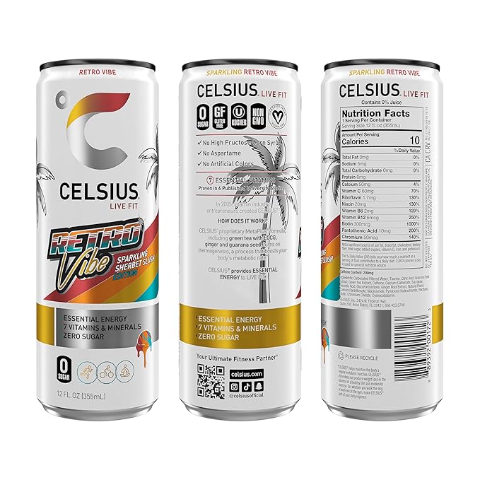 CELSIUS RETRO VIBE Sparkling Sherbet Slush, Sugar Free Energy Drink, 12 Fl Oz (Pack of 12)
