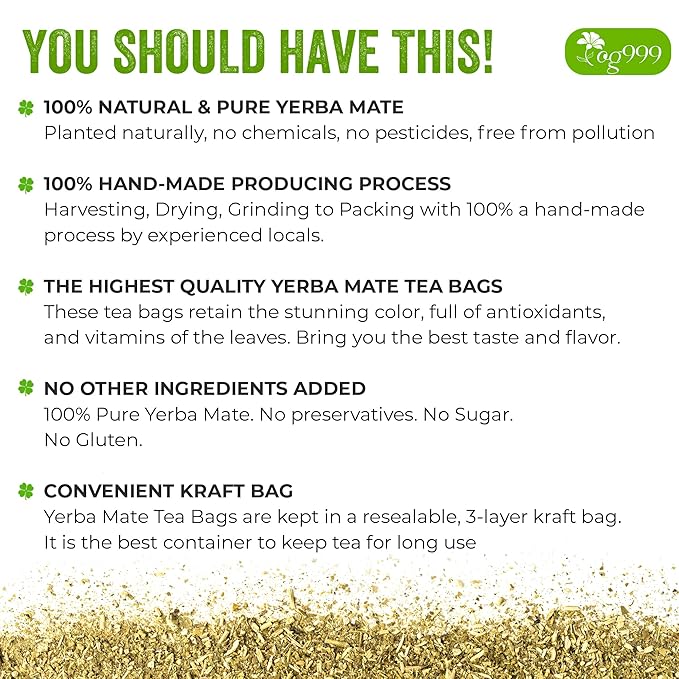 TOG999, 120 Tea Bags Yerba Mate, Hi-Caffeine, Unsmoked Yerba Mate Tea Bags, Super-Green Yerba Mate, No Dust, Fresh - Never Aged (Ilex Paraguariensis), Cultivated from Argentina - Rich in Antioxidants and Plant Nutrients.
