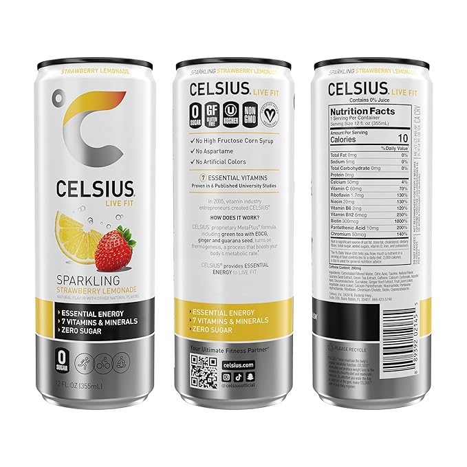 CELSIUS Sparkling Strawberry Lemonade, Functional Essential Energy Drink, 12 Fl Oz (Pack of 12)