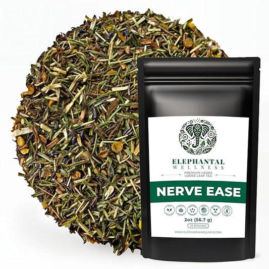 Elephantal Wellness Nerve Ease Herbal Tea | Calming Nervous System Support with Chamomile Tea, Passionflower, Lemon Balm Tea, Valerian & St. John’s Wort | Loose Leaf, Caffeine-Free, 2oz, 20 Servings