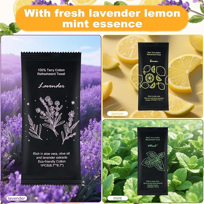 Moist Cotton Towel Bulk Moist Towelettes Individually Wrapped 8.7" x 8.7",White Towel Services,Refreshment Pre Moistened Towels Lavender, Lemon and Mint for Sport Party Spa (pack of 150)