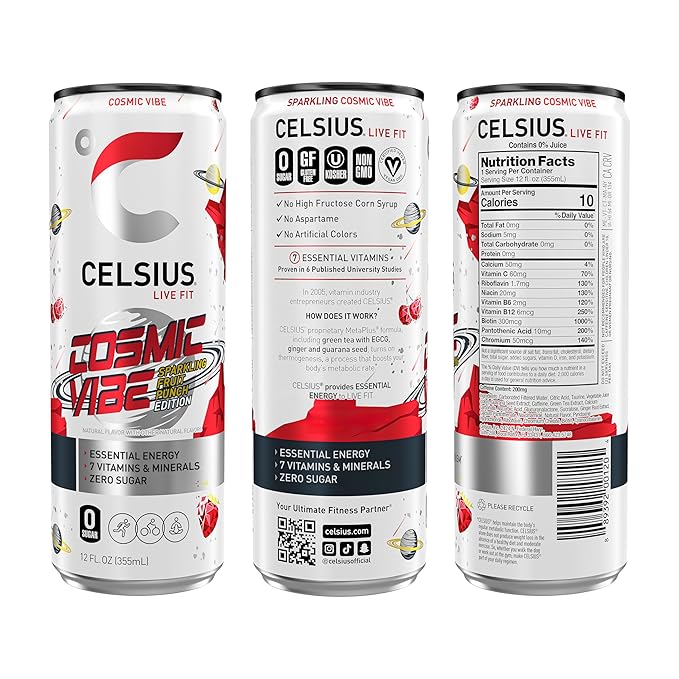 CELSIUS COSMIC VIBE Sparkling Fruit Punch, Sugar Free Energy Drink, 12 Fl Oz (Pack of 12)