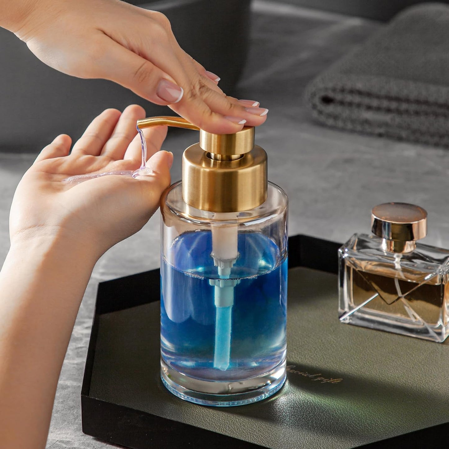 Enra Thick Glass Soap Dispenser with Stainless Steel Pump,12oz Gold Bathroom Hand Liquid Soap Dispensers,Lotion Dispenser,Soap Dispenser for Bathroom,Kitchen