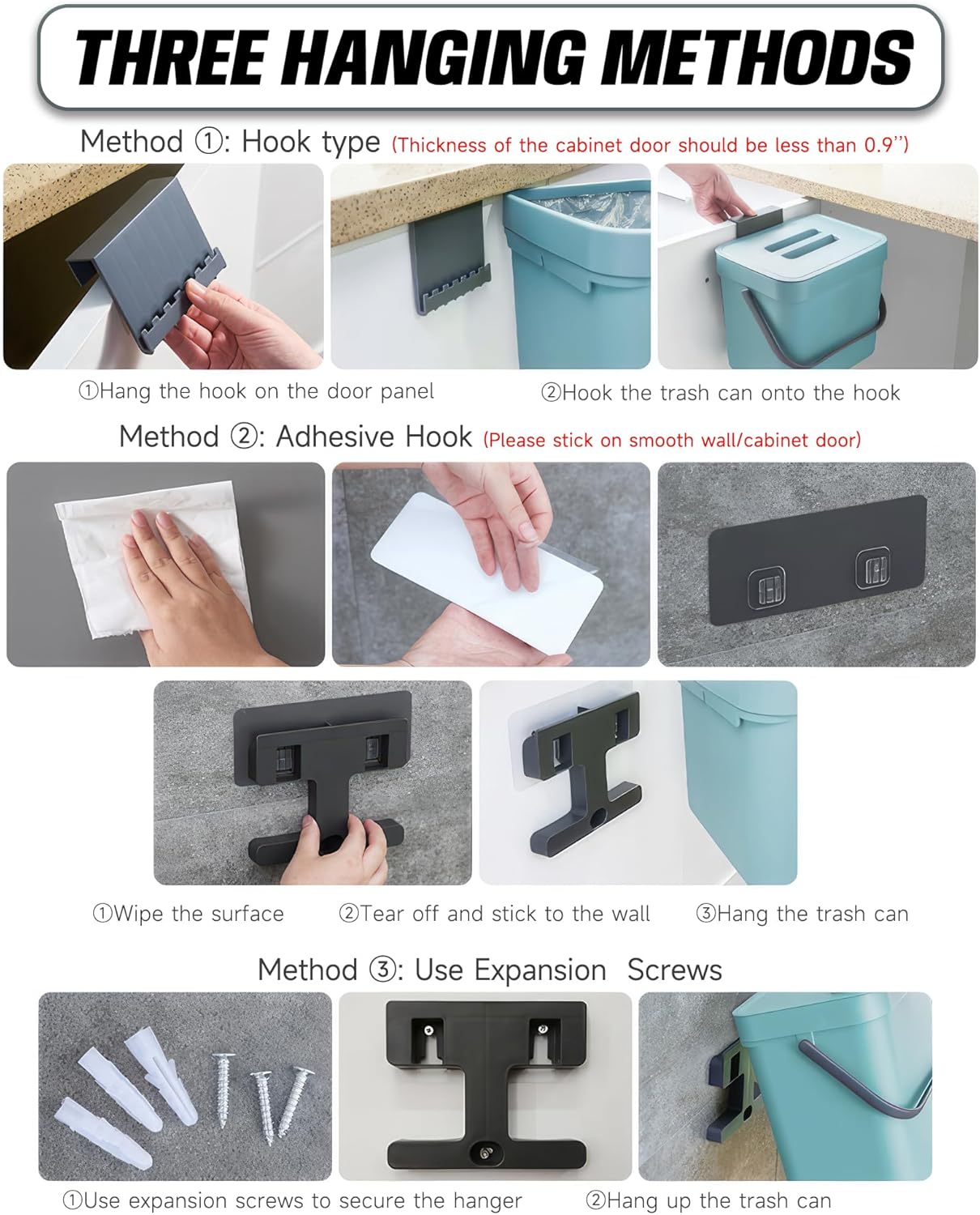 Kitchen Compost Bin - 3.2 Gallons Hanging Trash Can with Lid for Kitchen Bathroom, Under Sink Trash Can, Outdoor Compost Bucket with Lid, 12L(White)