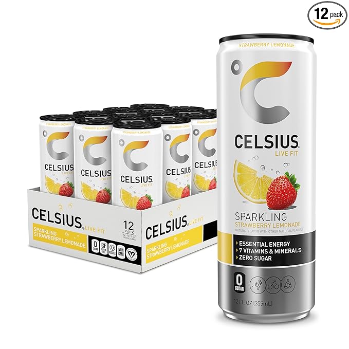 CELSIUS Sparkling Strawberry Lemonade, Functional Essential Energy Drink, 12 Fl Oz (Pack of 12)