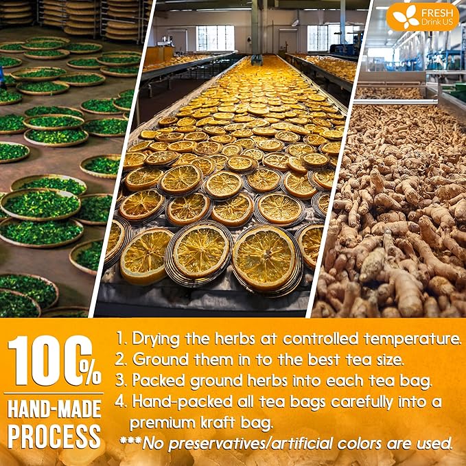 FreshDrinkUS, Premium 75 Tulsi Lemon Ginger Tea Bags, 100% Natural & Pure from Tulsi Holy Basil Leaves, Lemon and Ginger. Made with Natural Material Tea Bags. No Sugar, No Caffeine, Vegan.