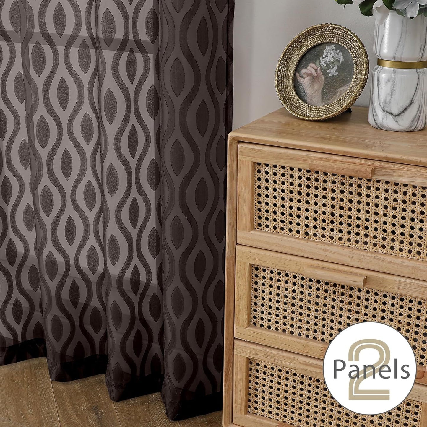 Aiyufeng Sheer Curtains 96 Inches Long for Bedroom and Living Room, 2 Panels, Farmhouse Wavy Line Light Filtering Clip Jacquard Solid, Rod Pocket, Brown, 40" W x 96" L