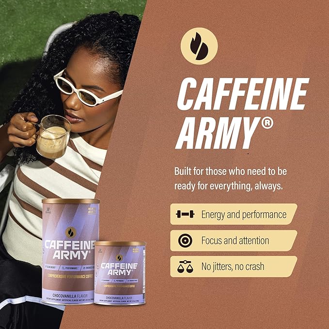 CAFFEINE ARMY ChocoVanilla | Comprehensive Functional Coffee with MCTs, CoQ10, Collagen and Adaptogens: Clean Energy + Supports Daily Attention, No Jitters or Crash (13.4 oz 38 Servings)