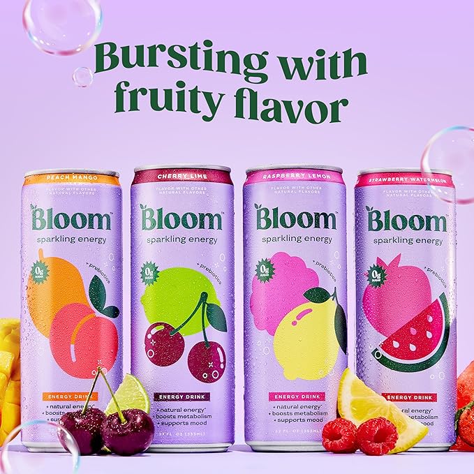 Bloom Nutrition Sparkling Energy Drink - Variety Pack - Natural Caffeine, Zero Sugar, 180mg Caffeine - Antioxidant-Rich with Green Coffee Bean, Green Tea Extract, Prebiotics - 12oz 24 Pack