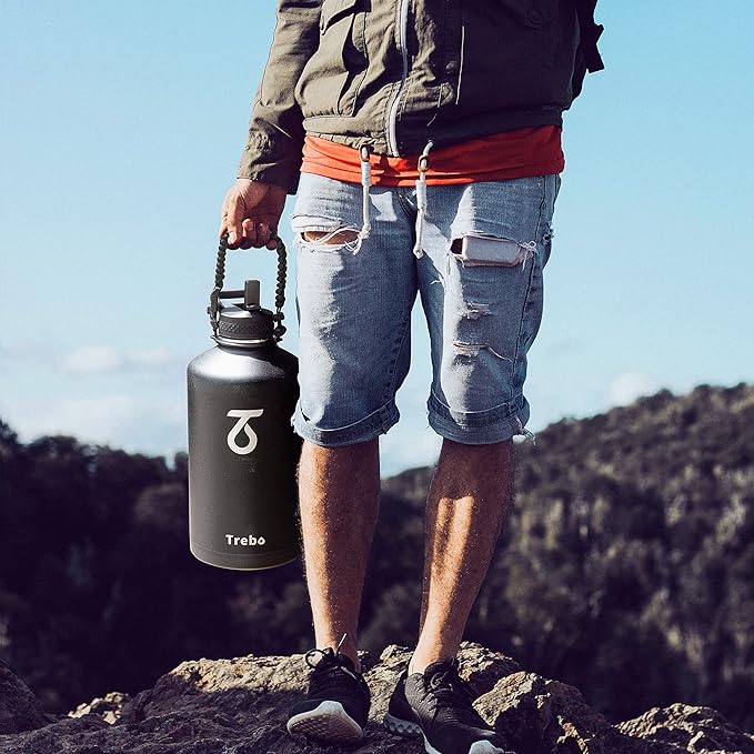 Trebo One Gallon Water Bottle Insulated with Paracord Handle,128oz Stainless Steel Sports Large Jug Food-grade Double Wall Vacuum with Straw Spout Handle Lids, Leakproof Keep Cold & Hot, Dark Gray