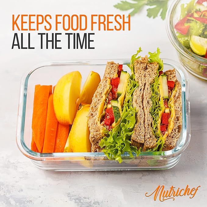 NutriChef 10-Piece Superior Glass Food Storage Containers Set (5 Containers + 5 Locking Lids),Stackable Meal-prep Design, BPA-free Airtight Clear Locking lids with Vent Lids & Air Hole, Blue
