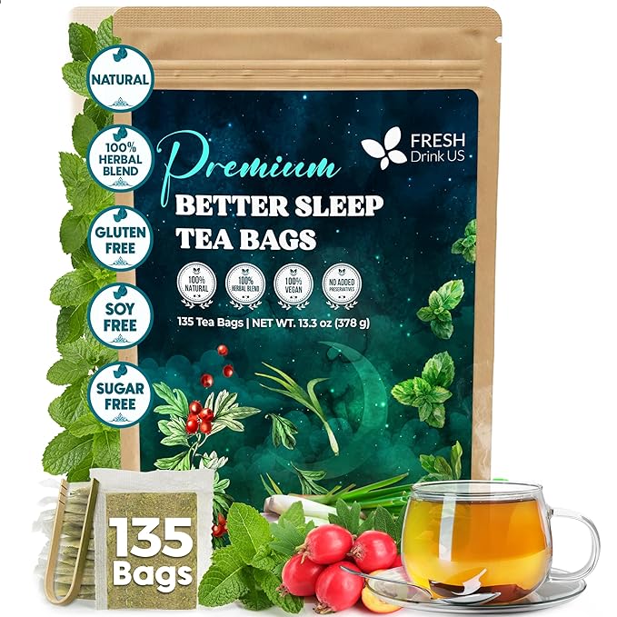 FreshDrinkUS, Premium 135 Tea Bags Better Sleep Herbal Tea | Caffeine-Free Loose Leaf Blend with Spearmint Leaves, Lemongrass Leaves, and Hawthorn Berry β Naturally Refreshing and Aromatic.