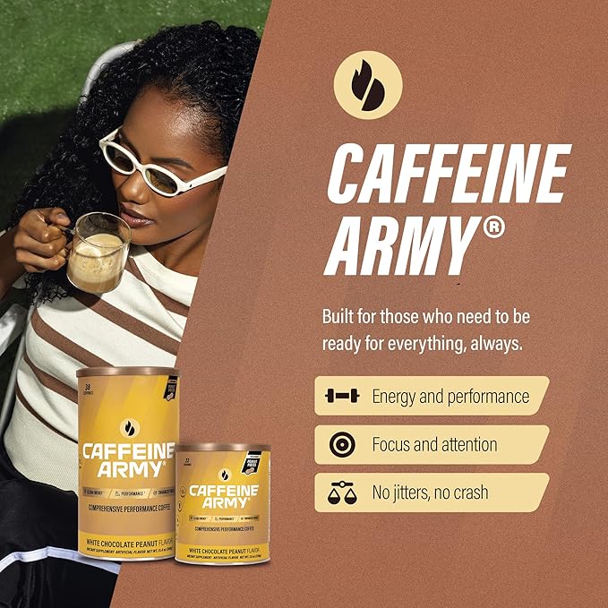CAFFEINE ARMY White Chocolate Peanut | Comprehensive Functional Coffee with MCTs, CoQ10, Collagen and Adaptogens: Clean Energy + Supports Daily Attention, No Jitters or Crash (7.8 oz 22 Servings)