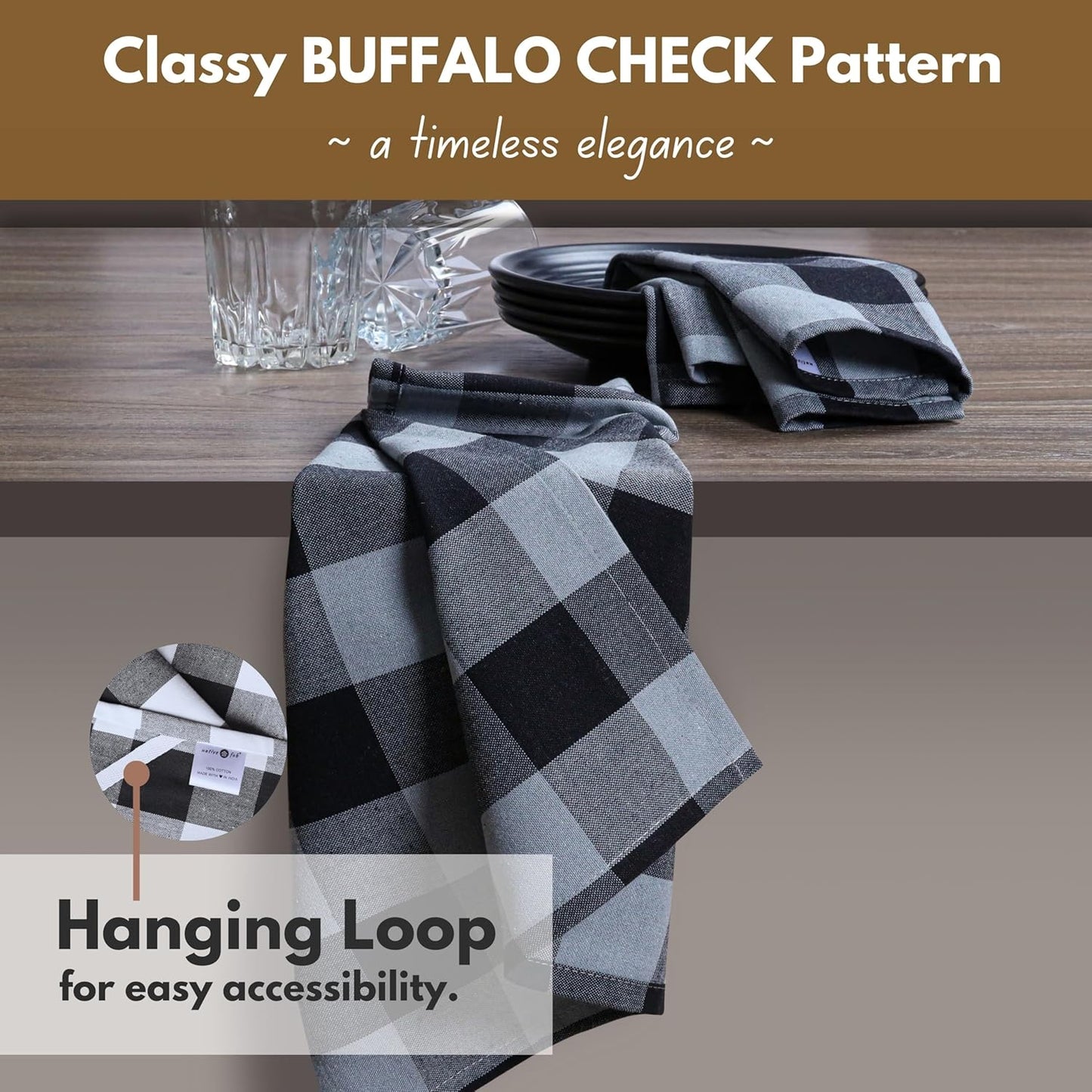 Native Fab 6 Pack Buffalo Check Kitchen Dish Towels, Cotton, Durable, Washable 16"x26" - Tea Towel, Soft Absorbent Cleaning Towels, Hand Towel with Hanging Loop - Black, Grey
