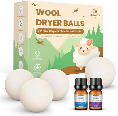 Wool Dryer Balls – 4XL Pack + 2 Essential Oils – 100% Pure New Zealand Wool – Eco-Friendly Fabric Softener
