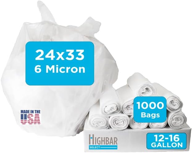 12-16 Gallon Trash Bags, Bulk Pack of 1000 High Density 6 Micron Clear Trash Bags, Lightweight Trash for Small Wastebaskets - 20 Rolls with 50 Per Roll