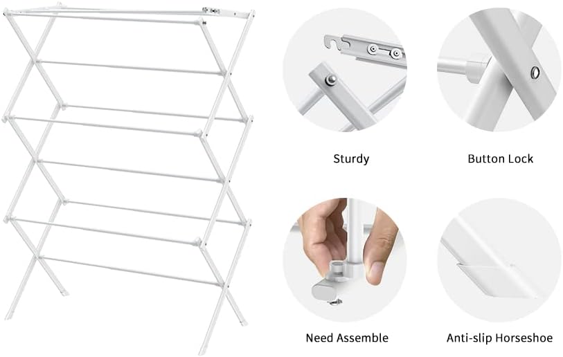 3 Tier Clothes Drying Rack, Foldable Drying Rack Clothing,Indoor & Outdoor Laundry Rack for Drying Clothes,Space-Saving Design, Metal Dry Rack，Pure White