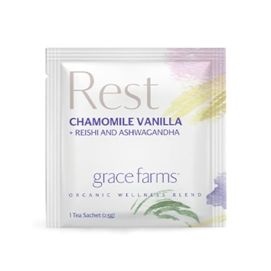 Grace Farms REST Wellness Organic Tea Blend (100 Enveloped Pyramid Sachets w/ String & Tag) | Sleep and Stress Support For Evening | Chamomile Vanilla Tea with Caffeine Free Adaptogens and Mushrooms | Gives Back 100% of Profits