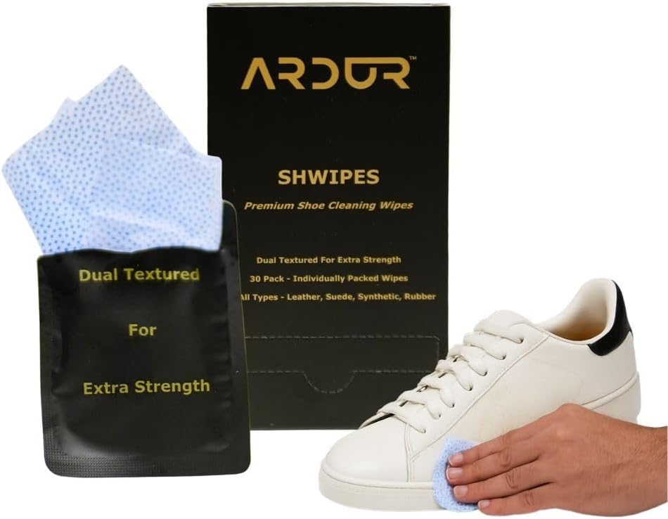 Ardur Premium Shoe Cleaning Wipes For Sneakers (30 Individually Wrapped Wipe) | Dual-Texture Design | Travel-Size | For Leather, Suede, Nubuck, Rubber & Synthetic | Quick-Dry Formula