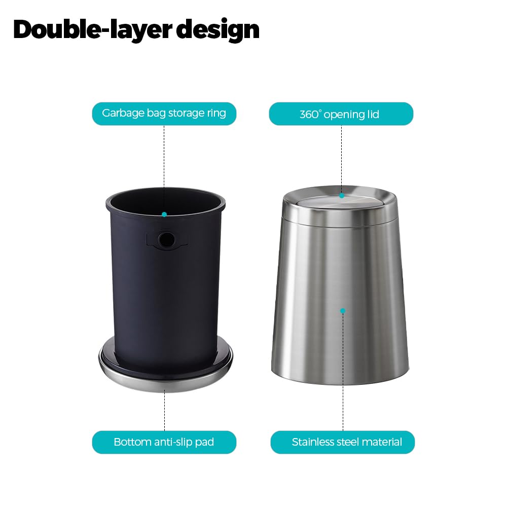 2.1 Gallon Bathroom Trash can with Lid, Small Brushed Silver Garbage Can, Stainless Steel Waste Basket for Bedroom Kitchen Office Hotel Powder Room Toilet (32A silver-8L)