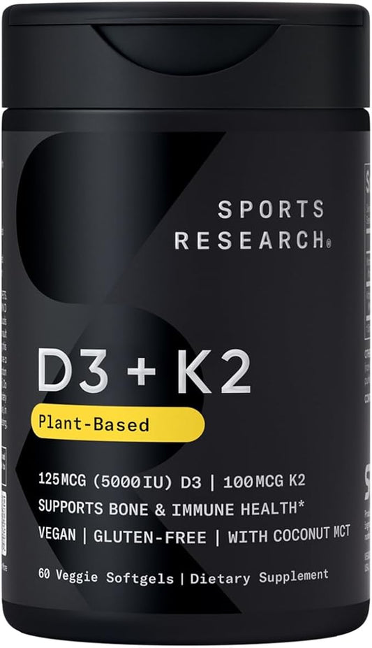 Sports Research® Vitamin D3 + K2 w/ Coconut Oil - Vegan Vitamin D 5000iu & Mk7 Vitamin K 100mcg for Bone & Immune Support - Vegan Certified · Non-GMO · Soy Free - 60 Softgels