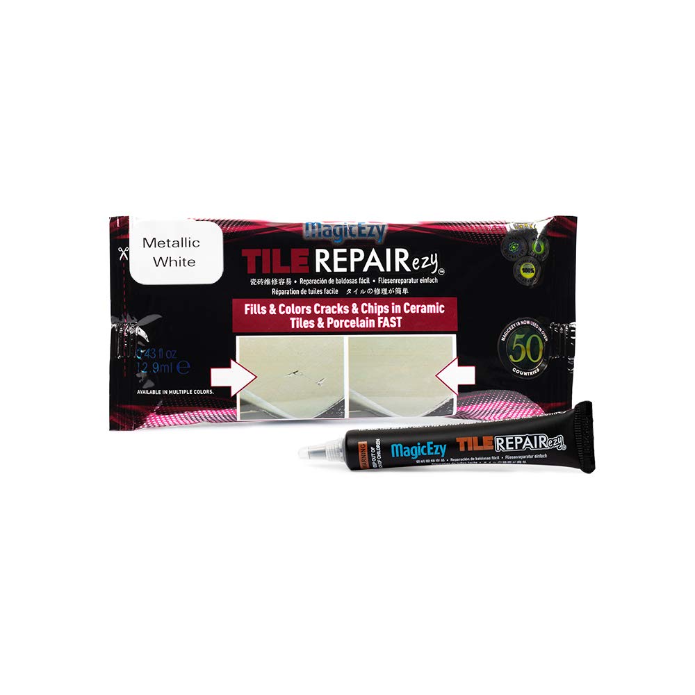 MagicEzy Tile Repairezy (Metallic White) -Fix Chipped Tiles Fast - Thick Ceramic Repair Filler Ideal for Holes, Gouges, Porcelain, Acrylic, Vinyl