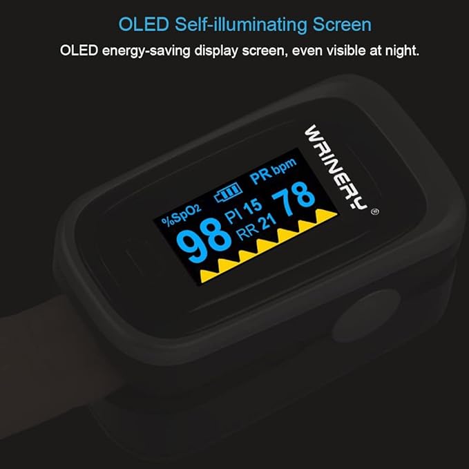 WRINERY Oxygen Saturation Monitor, Pulse Oximeter Fingertip, Oxygen Monitor, O2 Saturation Monitor, OLED Portable Oximetry with Batteries, Lanyard (Royal Black-Silver)