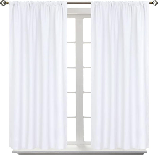 BGment Rod Pocket White Curtains 48 Inches Length for Kitchen Bathroom Window - Privacy Protection Short Window Treatment Drapes for Cafe Bedroom Home Decor, 2 Panels, Pure White, 42 x 48 Inch
