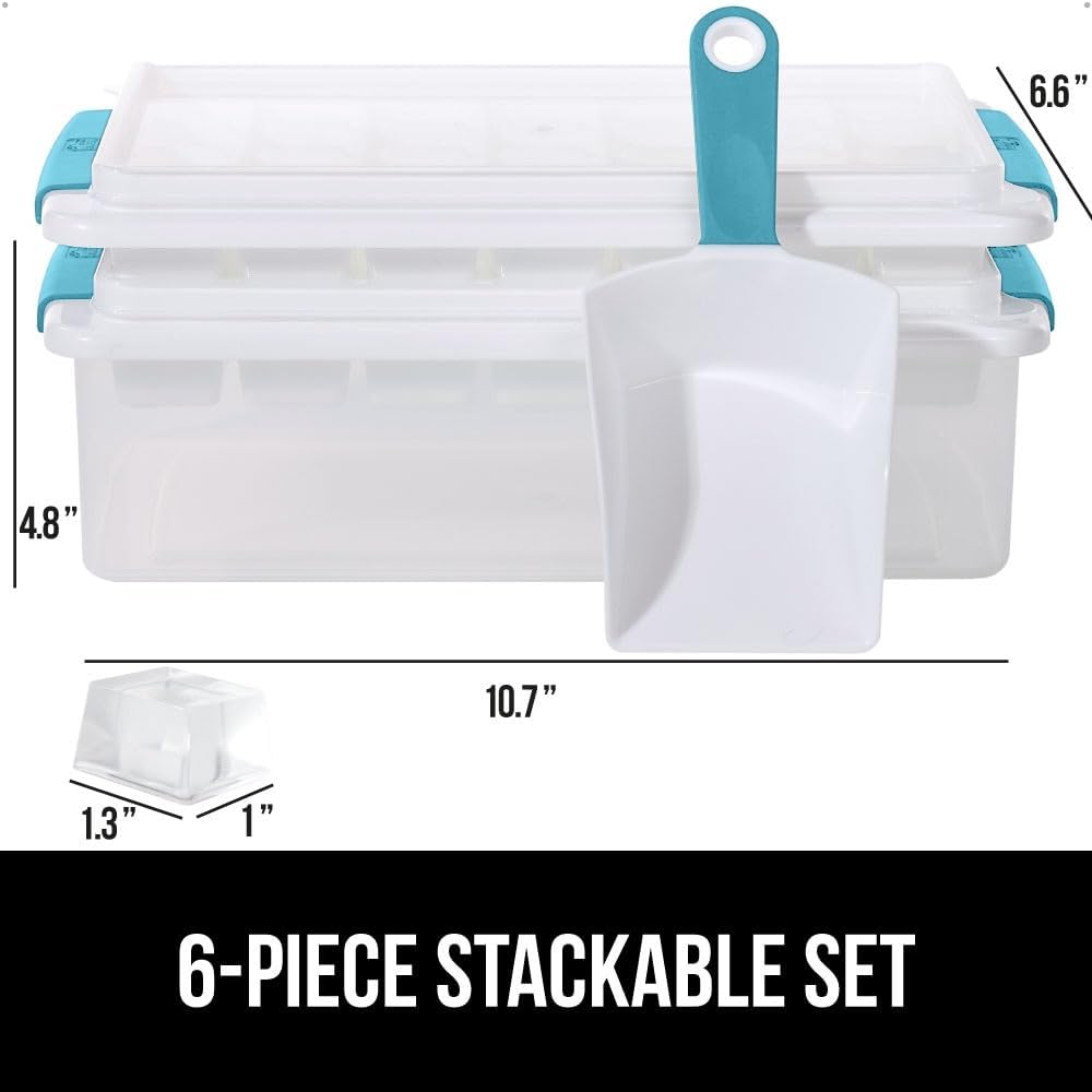 GORILLA GRIP Stackable Ice Cube Tray and Bin Set for Freezer, Includes 2 Trays with Lid and Scooper, Easy Release, Makes 56 Cubes, Cocktail Soda Coffee, Leak Proof Bucket Kit, Kitchen Tool, Turquoise