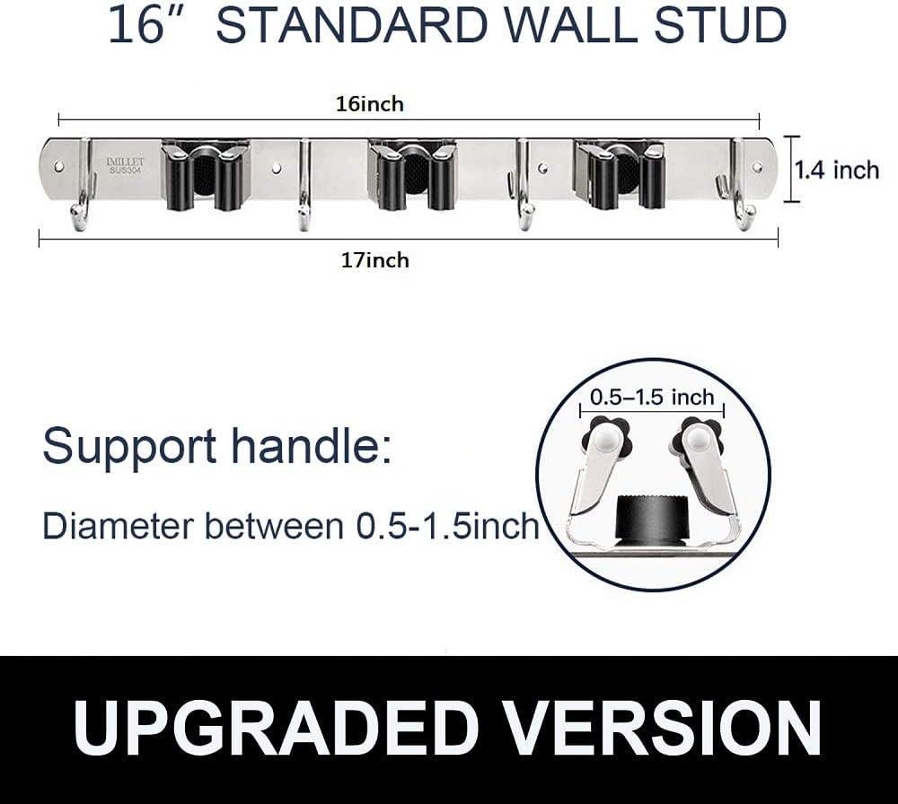 IMILLET Broom and Mop Holder Wall Mounted, Stainless Steel Broom Holder Mop Holder Self Adhesive Heavy Duty Hooks Storage Organizer for Home Laundry Room Garden Garage（3 Racks with 4 Hooks）