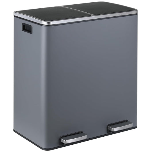 16 Gallon Rectangular Stainless Steel Trash Can, Dual Compartment Garbage Bin with Recycling Combo, Metal Dustbin Lid, Removable Liner, Indoor Hands Free Waste Bucket for Kitchen Home