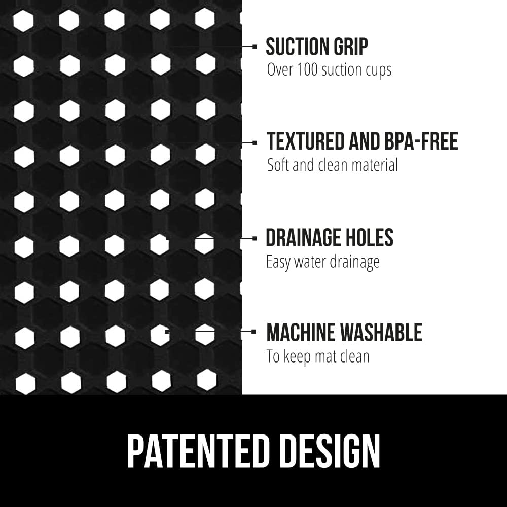 GORILLA GRIP Patented Square Shower Stall Mat, Small Bathtub Floor Mats for Stand Up Showers, Suction Cups and Drainage Holes, Machine Wash, Soft on Feet, Bathroom Accessories 21x21 Inch, Black Opaque