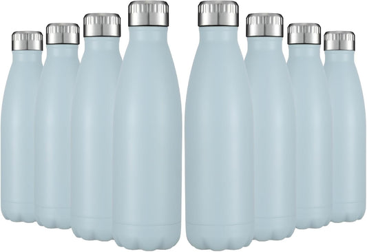 HASLE OUTFITTERS 17oz Stainless Steel Water Bottles Bulk, Vacuum Insulated Water Bottles Double Walled Reusable Metal Sports Water Bottles Keep Drinks Hot and Cold, Light Blue, 8Packs